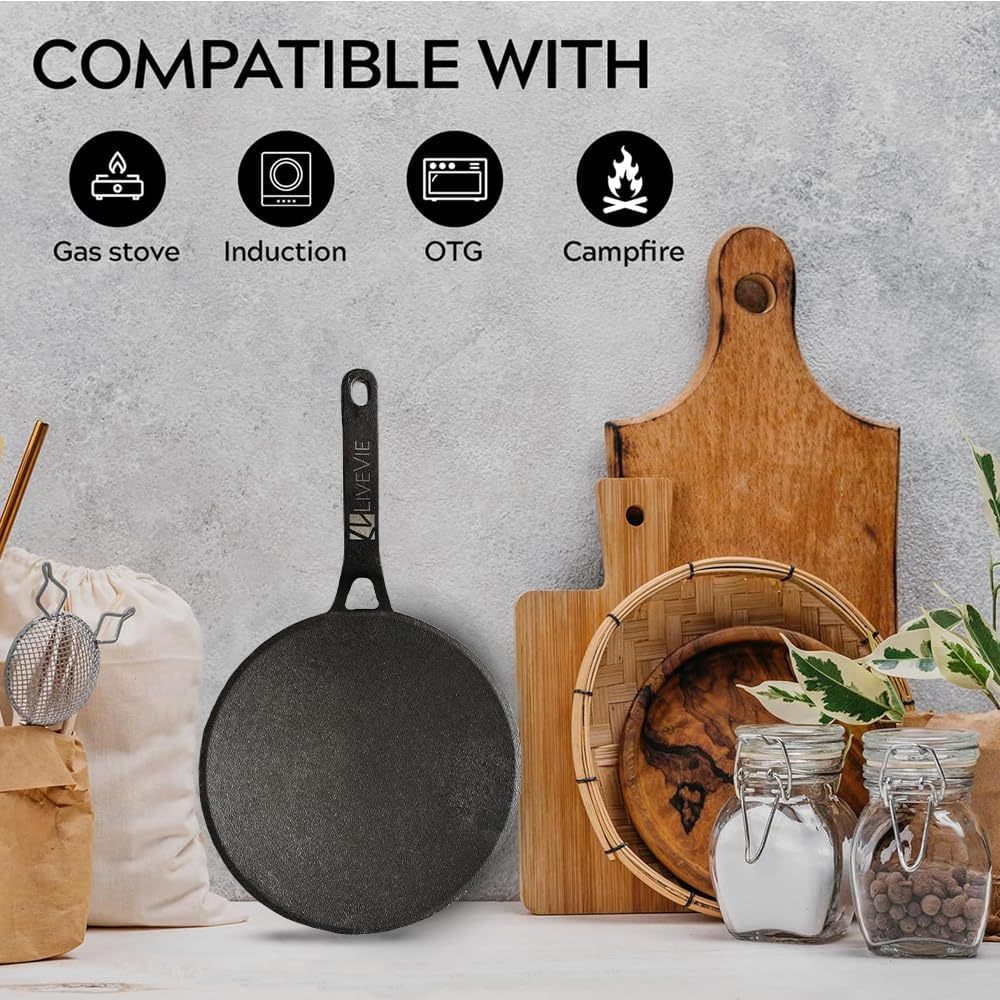 LIVEVIE Cast Iron Skillet (Tawa), Pre-Seasoned Griddle Concave Pan with 5.5-Inch Handle, Cast Iron Pan for Pancakes, Quesadillas, Grilled Sandwiches &amp; More, 10-Inch