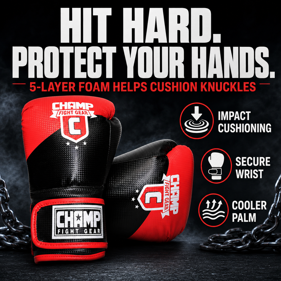 Champ Boxing Gloves for Training, Sparring, Kickboxing, MMA, Muay Thai, Durable PU Leather, Multi-Layered Foam, Wrist Support, Breathable Design