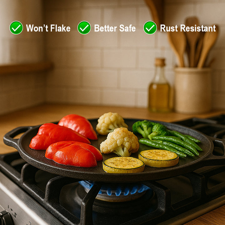 Cast Iron Tawa 12 Inch with Double Handle Pre-Seasoned Flat Tawa for Roti Paratha Pancake Crepes Durable Cookware for Gas ElectricCooktops
