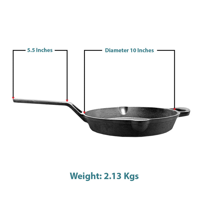 Cast Iron Handle Tawa with Long Handle, Shallow Frying Pan for Roti, Dosa, Pancakes Pre-Seasoned Heavy-Duty Skillet for Gas,&amp; Outdoor Cooking ? 10 Inch