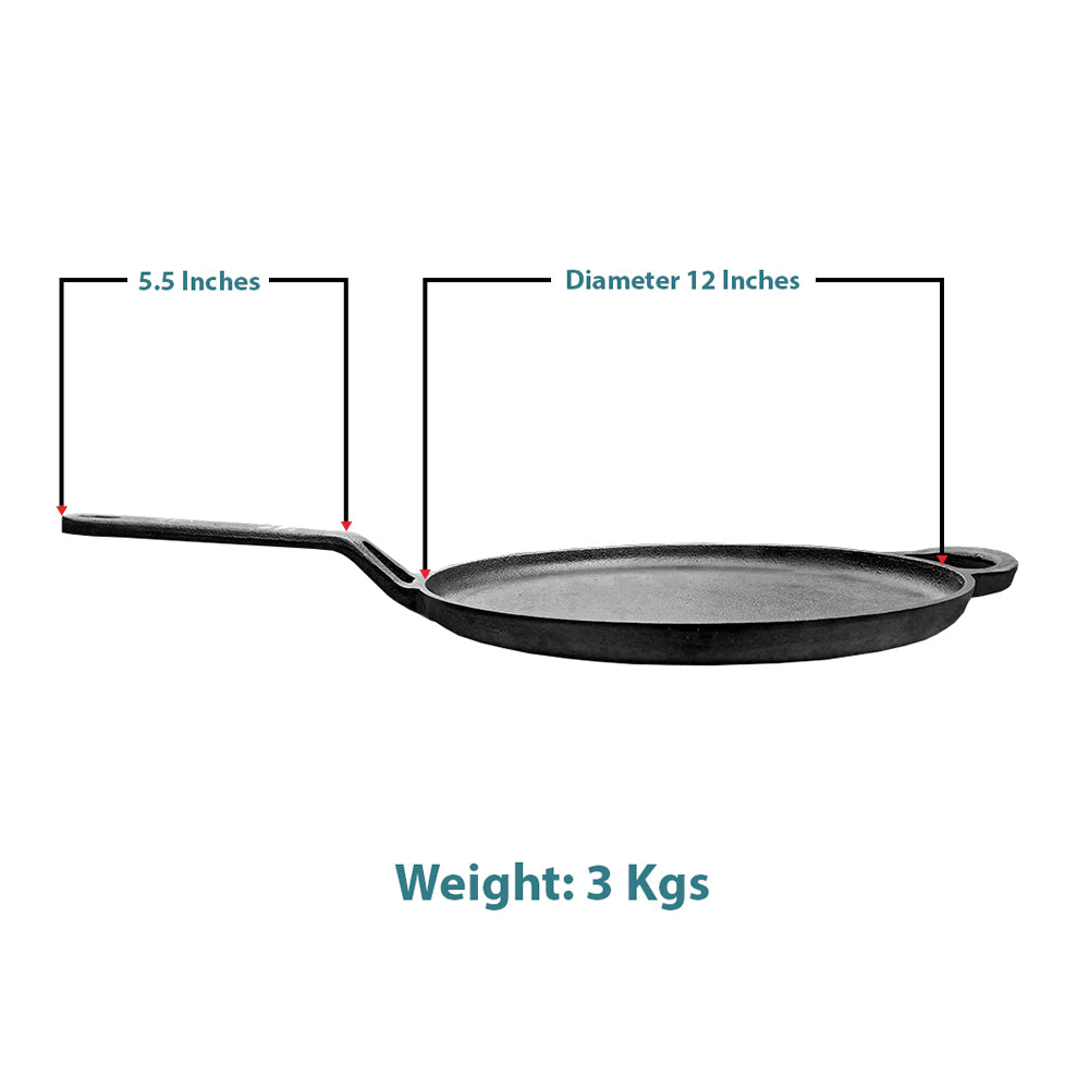 Pre-Seasoned Cast Iron Tawa, Heavy-Duty 3kg Flat Dosa Tawa for Roti, Chapati, Pancakes,  Gas Stove Compatible 11 Inch with 5.5 Inch Handle