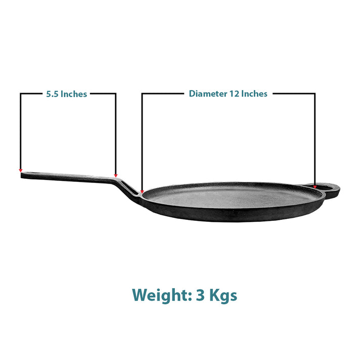 Pre-Seasoned Cast Iron Tawa, Heavy-Duty 3kg Flat Dosa Tawa for Roti, Chapati, Pancakes,  Gas Stove Compatible 11 Inch with 5.5 Inch Handle