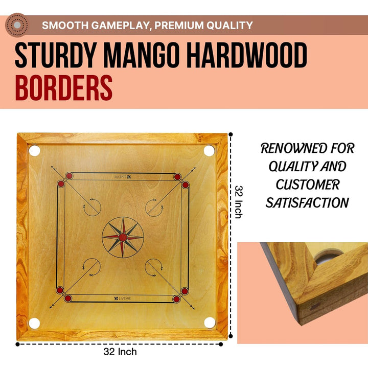 Carrom Board with Coins, Striker &amp; Bori Powder ? Smooth Surface, Professional Quality, Mango Wood Frame, Sealed Pockets, Water-Resistant Matte Finish, 32x32 Inch