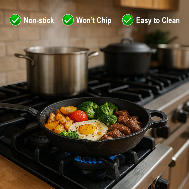 Cast Iron Handle Tawa with Long Handle, Shallow Frying Pan for Roti, Dosa, Pancakes Pre-Seasoned Heavy-Duty Skillet for Gas,&amp; Outdoor Cooking ? 10 Inch