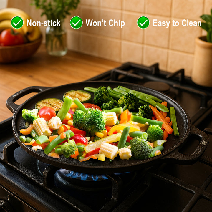 Cast Iron Tawa 12 Inch with Double Handle Pre-Seasoned Flat Tawa for Roti Paratha Pancake Crepes Durable Cookware for Gas ElectricCooktops