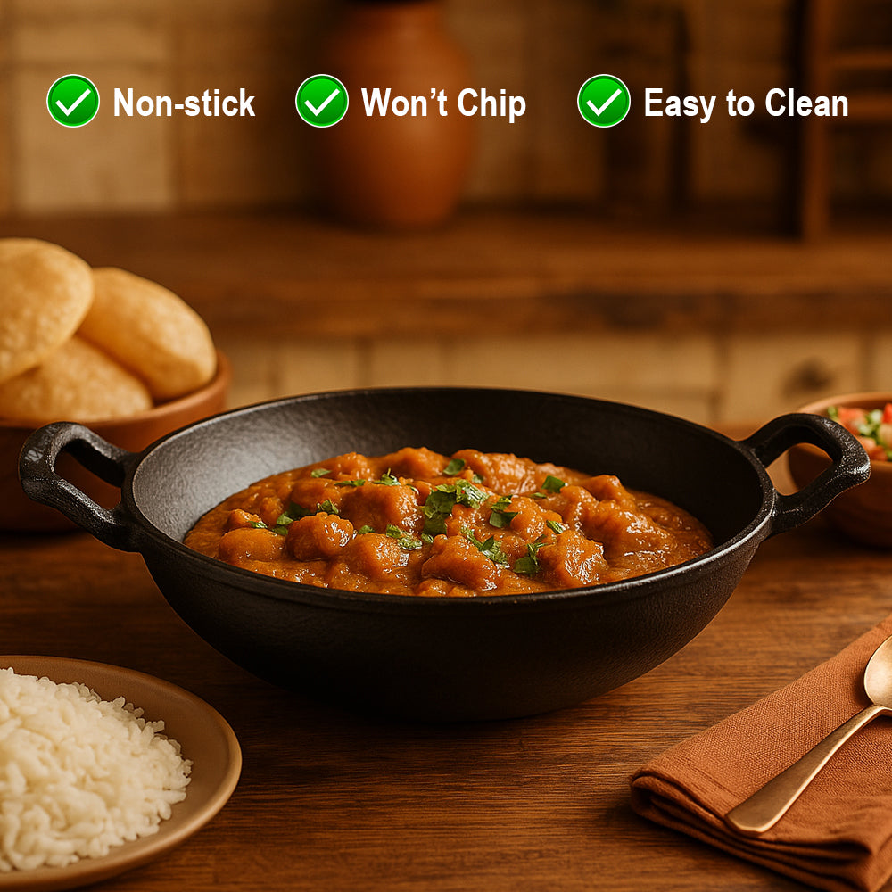 Cast Iron Deep Kadai Wok with Dual Handles, Heavy-Duty Cooking Pot for Deep Frying, Stir-Frying, Curries ? Gas, Grill &amp; Open Flame Compatible