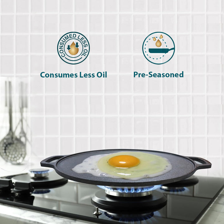 Cast Iron Tawa 12 Inch with Double Handle Pre-Seasoned Flat Tawa for Roti Paratha Pancake Crepes Durable Cookware for Gas ElectricCooktops