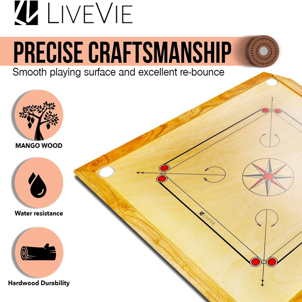 Carrom Board with Coins, Striker &amp; Bori Powder ? Smooth Surface, Professional Quality, Mango Wood Frame, Sealed Pockets, Water-Resistant Matte Finish, 32x32 Inch