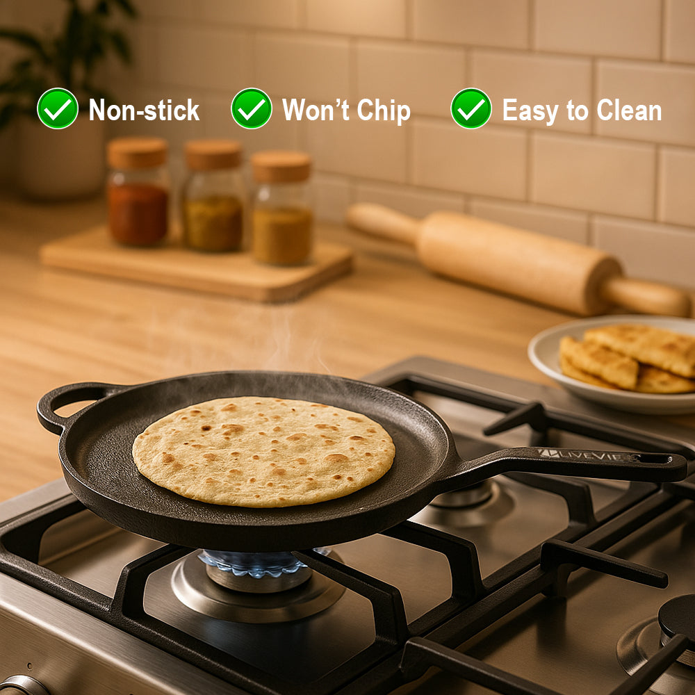 Pre-Seasoned Cast Iron Tawa, Heavy-Duty 3kg Flat Dosa Tawa for Roti, Chapati, Pancakes,  Gas Stove Compatible 11 Inch with 5.5 Inch Handle
