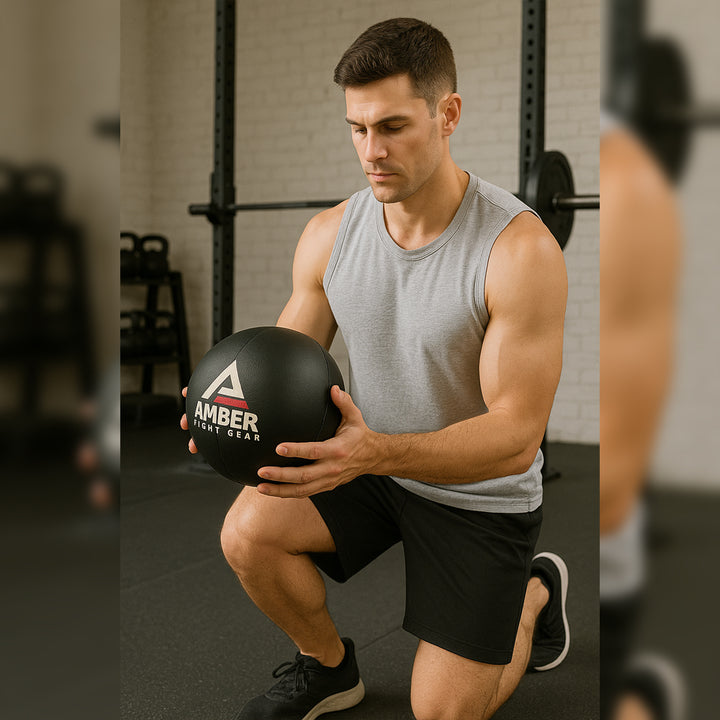 Amber Fight Gear Leather Medicine Ball for Strength &amp; Conditioning, Plyometric &amp; Core Training, Cardio Workouts for Muscle Building, Squats, Lunges, Partner Training