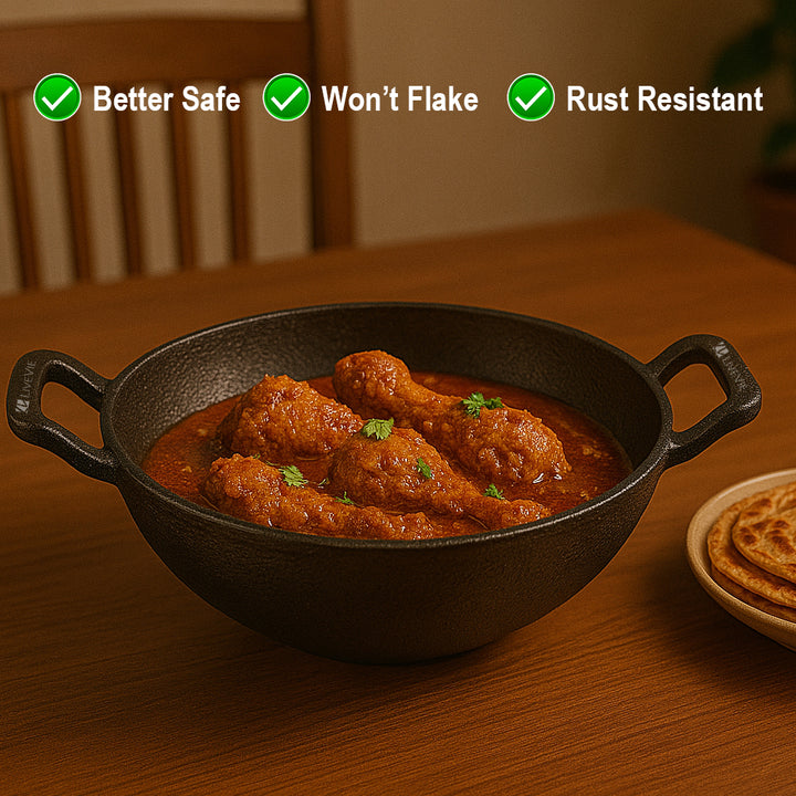 Cast Iron Deep Kadai Wok with Dual Handles, Heavy-Duty Cooking Pot for Deep Frying, Stir-Frying, Curries ? Gas, Grill &amp; Open Flame Compatible