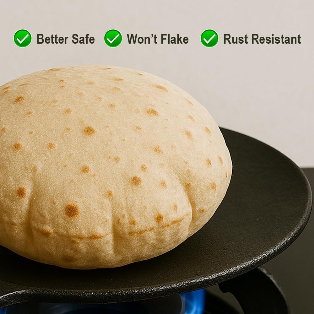 LIVEVIE Cast Iron Skillet (Tawa), Pre-Seasoned Griddle Concave Pan with 5.5-Inch Handle, Cast Iron Pan for Pancakes, Quesadillas, Grilled Sandwiches &amp; More, 10-Inch