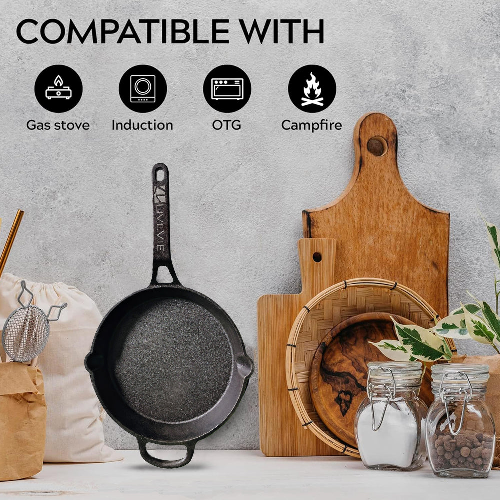 Cast Iron Handle Tawa with Long Handle, Shallow Frying Pan for Roti, Dosa, Pancakes Pre-Seasoned Heavy-Duty Skillet for Gas,&amp; Outdoor Cooking ? 10 Inch