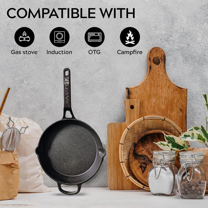 Cast Iron Handle Tawa with Long Handle, Shallow Frying Pan for Roti, Dosa, Pancakes Pre-Seasoned Heavy-Duty Skillet for Gas,&amp; Outdoor Cooking ? 10 Inch