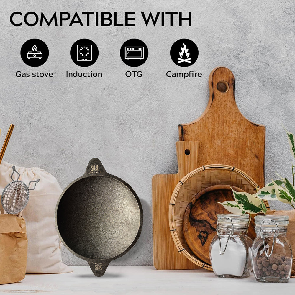 Cast Iron Appam Pan Rough Surface, Works on Gas, Electric Coil, Oven, Campfire &amp; BBQ, 8.5 Inches