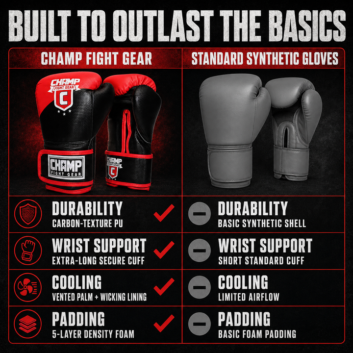 Champ Boxing Gloves for Training, Sparring, Kickboxing, MMA, Muay Thai, Durable PU Leather, Multi-Layered Foam, Wrist Support, Breathable Design