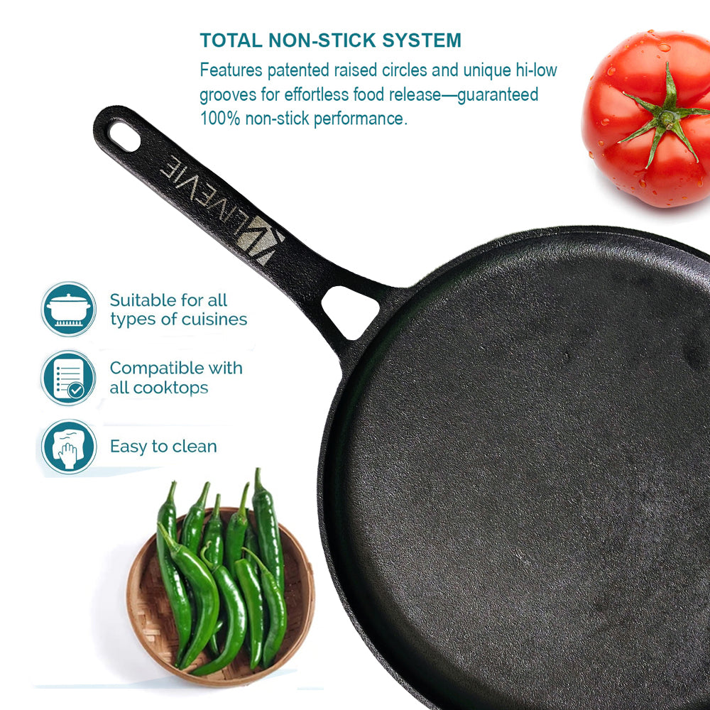 Pre-Seasoned Cast Iron Tawa, Heavy-Duty 3kg Flat Dosa Tawa for Roti, Chapati, Pancakes,  Gas Stove Compatible 11 Inch with 5.5 Inch Handle