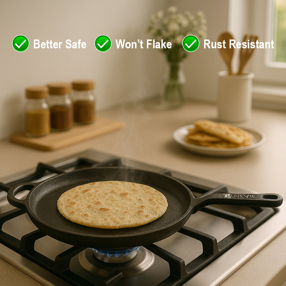 Pre-Seasoned Cast Iron Tawa, Heavy-Duty 3kg Flat Dosa Tawa for Roti, Chapati, Pancakes,  Gas Stove Compatible 11 Inch with 5.5 Inch Handle