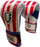 Pair of boxing gloves in red, white, and blue stripes, resembling USA flag colors