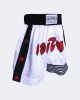 White w/Black Outlines, Red Letters Muay Thai Shorts- Small
