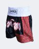 Muay Thai Shorts Black w/White Waistband Red Stripes & White Letters Youth Large