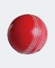 A vibrant red cricket ball with white stitching